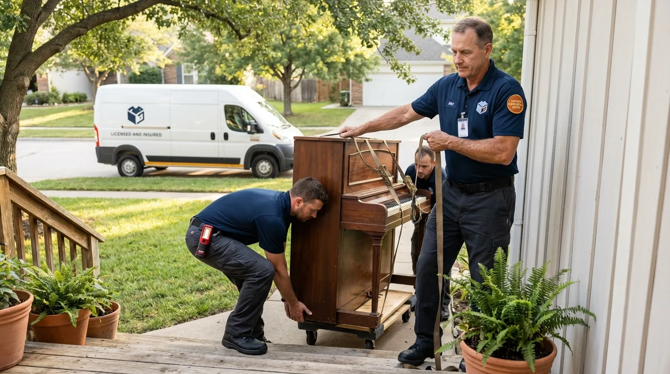 Licensed piano movers securing grand piano in Congress, AZ