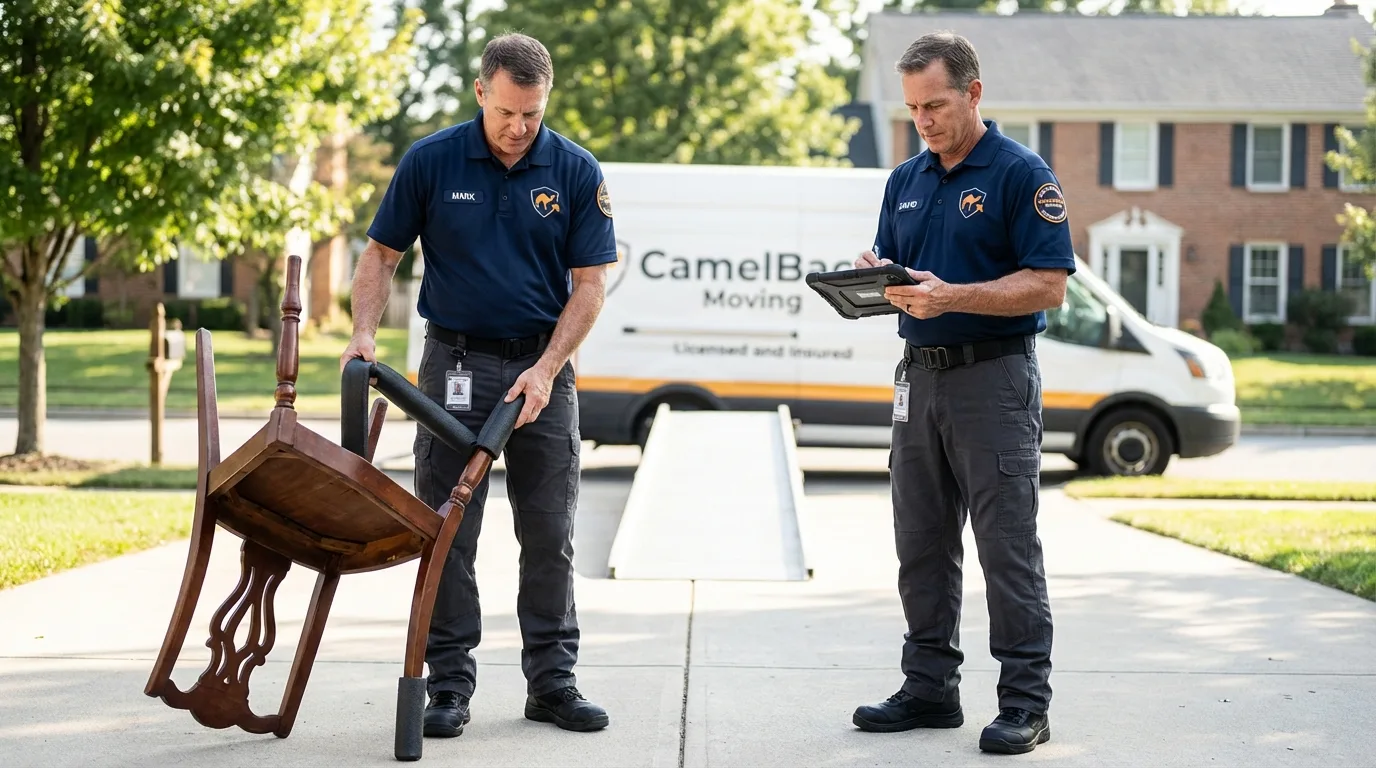 Movers inspecting furniture for damage prevention before loading in Congress, AZ